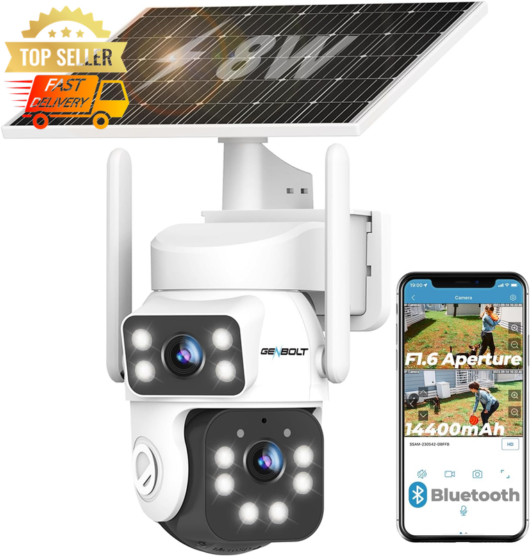 2K Solar WiFi Security Camera, Outdoor 24/7, Wireless, 8W Battery, AI Detection