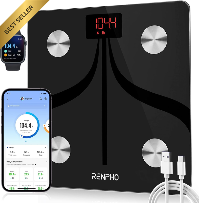 USB Rechargeable Smart Body Fat Scales, Bluetooth Bathroom Scales High Precision