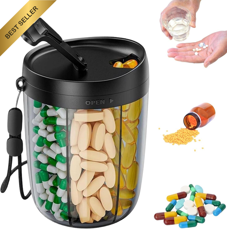 Pill Bottle Organizer, Portable Daily Pill Organizer with 6 Compartments, Anti-M