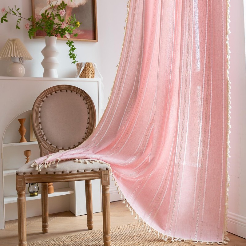 Linen Boho Curtains Cute Embroidered Pink Curtains for Girls Bedroom Nursery