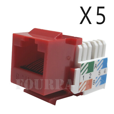 5x Pack Lot CAT6 Network RJ45 Port 110 Punch Down Keystone Snap-In Jack Red