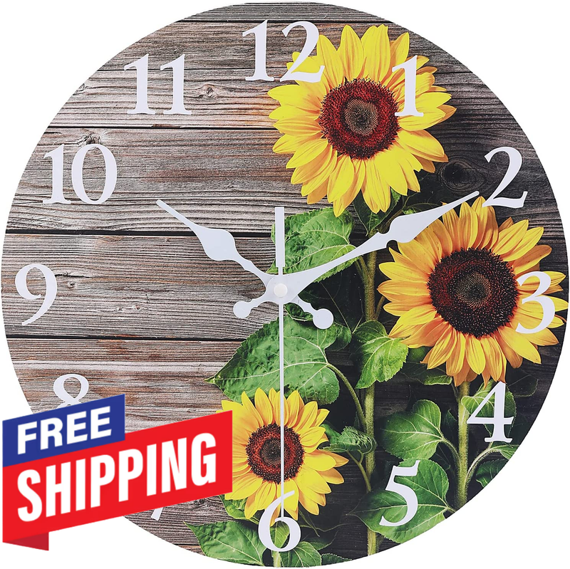 Round Wall Clock Sunflower Kitchen Decor,10 Inch Decor Silen