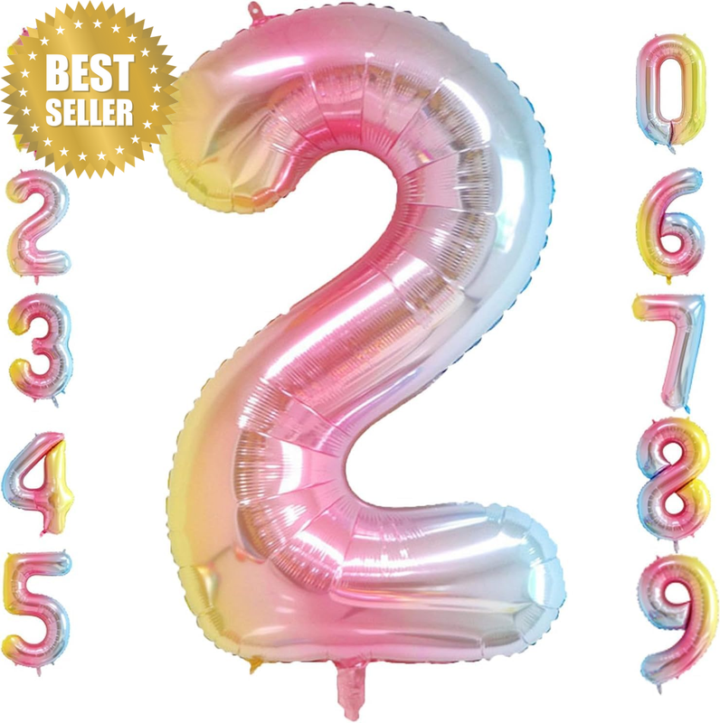 40 Inch Rainbow Gradient Colorful Number 2 Balloon 2Nd Birthday Party Decoration