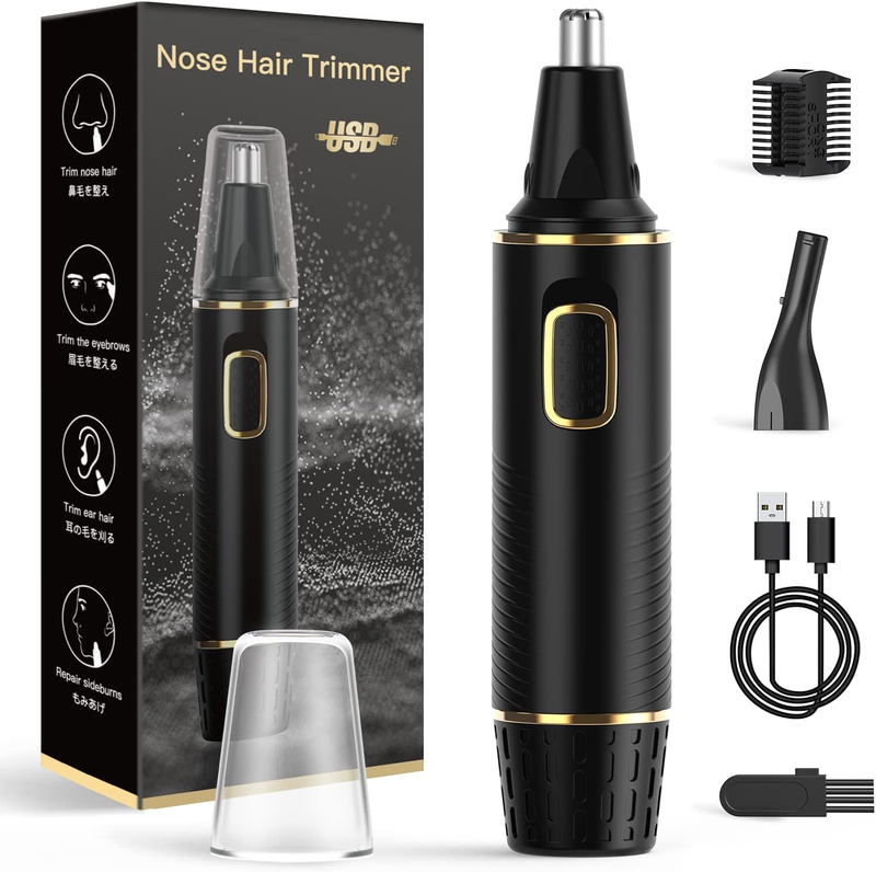 Nose Hair Trimmers for Men，Rechargeable Hair Trimmer 2 in 1 Painless Multifunctional Ear and Nose Hair Trimmer with IPX7 Waterproof Dual Edge Blades (Black)
