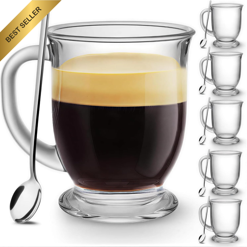 Clear Glass Coffee Mugs Set of 4, Large 450 Ml Coffee Cups with Handles for Hot