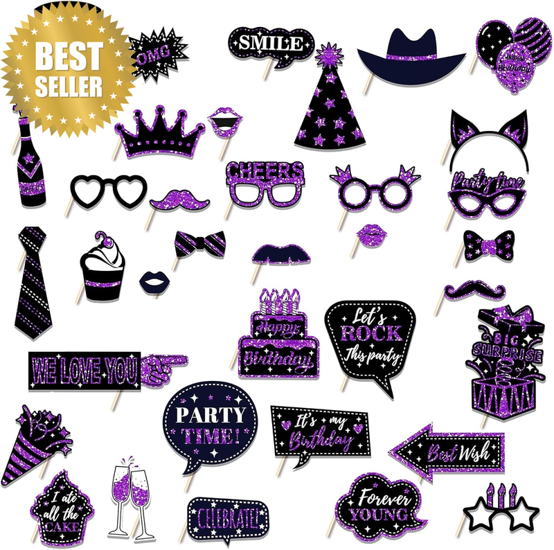Birthday Photo Booth Props Kit with 36 PCS Funny Mustaches, Hats & Signs for Par