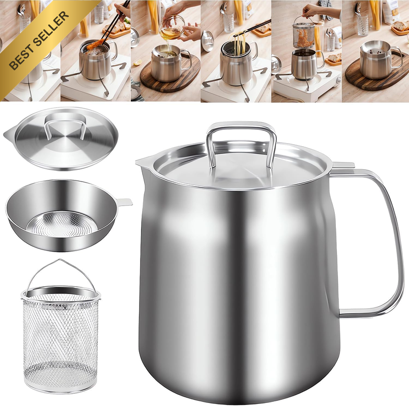304 Stainless Steel Oil Filter Pot with Filter Basket and Mesh, 2.0L Large Capac