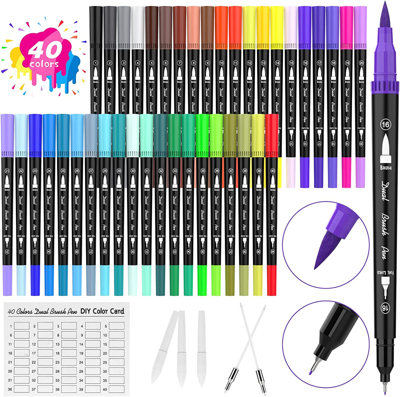 Dual Tip Coloring Markers, 40 Color Brush Pens Set, Kids Adults Artist Fine Poin