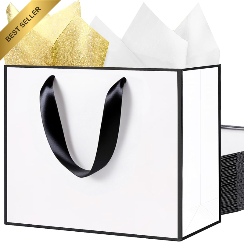 10 Pcs White and Black Gift Bags, 40X15X30Cm Party Favor Bags with Tissue Paper,