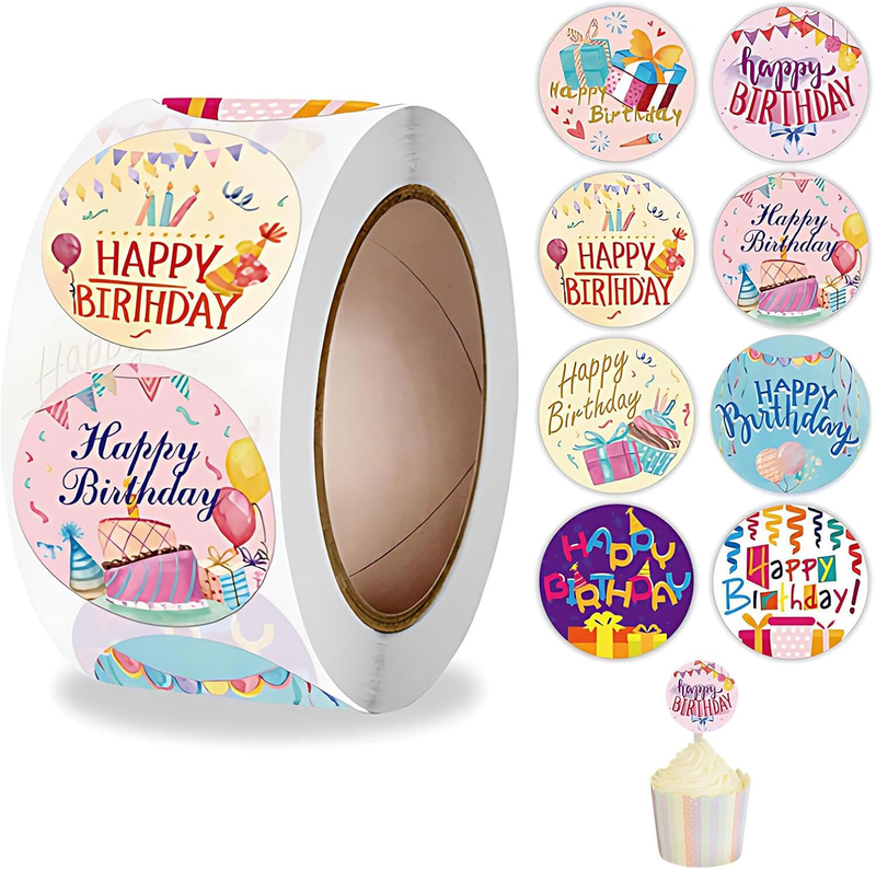 500Pcs Happy Birthday Stickers Roll - Multi-Styles Cute Sticker Labels for Party