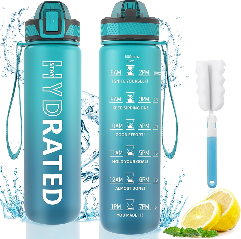 Water Bottle with Straw, 1L/32oz Sports Reusable Water Bottles with Carry Strap