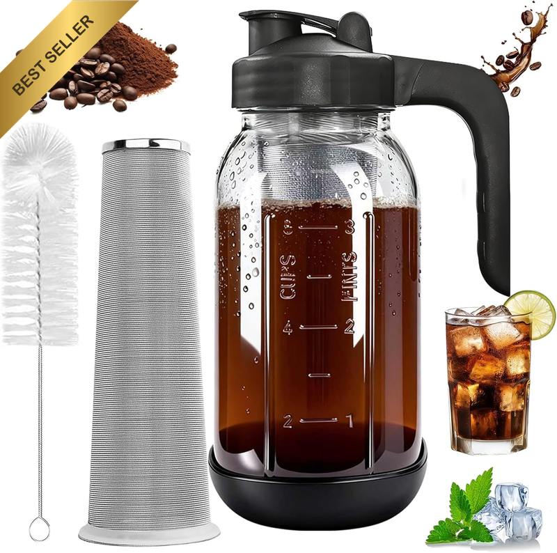 Cold Brew Coffee Maker,64 Oz Mason Jar Pour Spout Lid, Coffee Carafe,Refillable