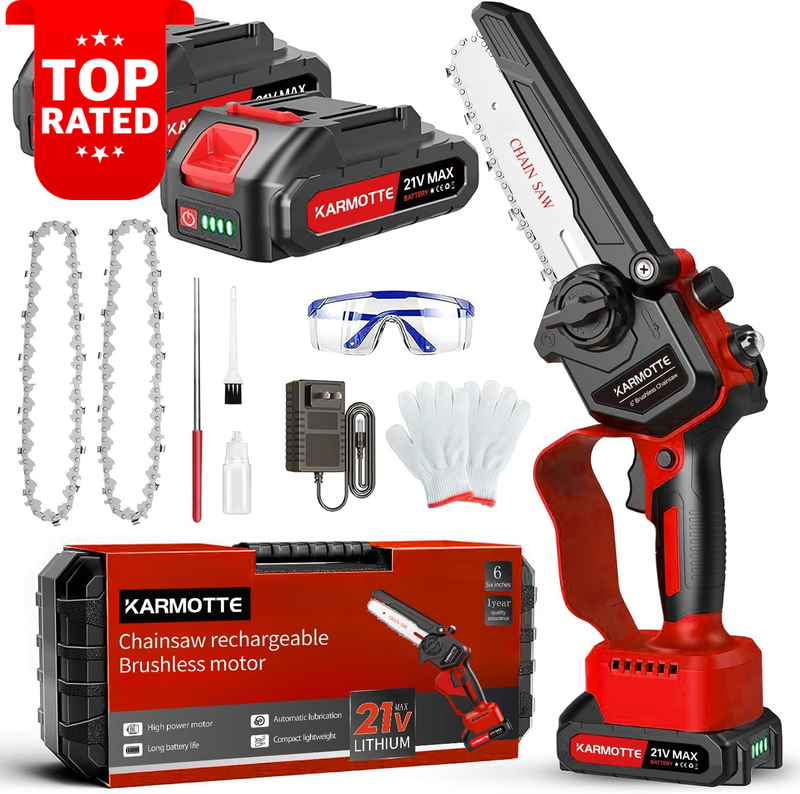 Mini Chainsaw 6-Inch Brushless Cordless with 2 Batteries Auto Oiler Tool Adjust