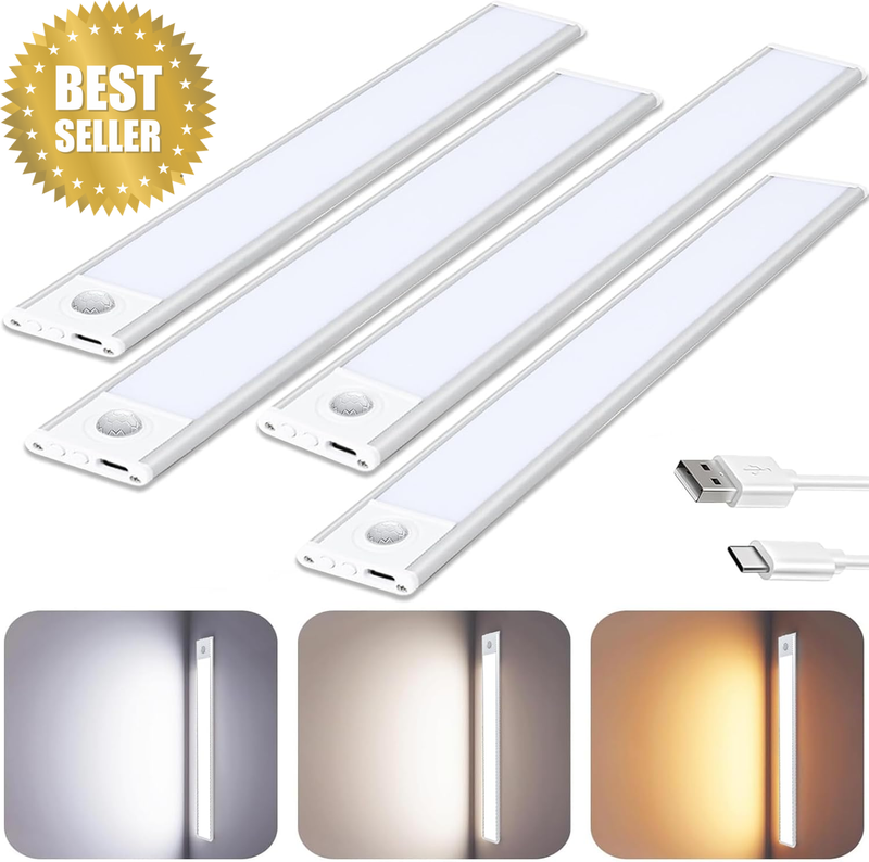 4-Pack Motion Sensor Cabinet Lights, LED under Closet Lighting, USB Recharge Wir