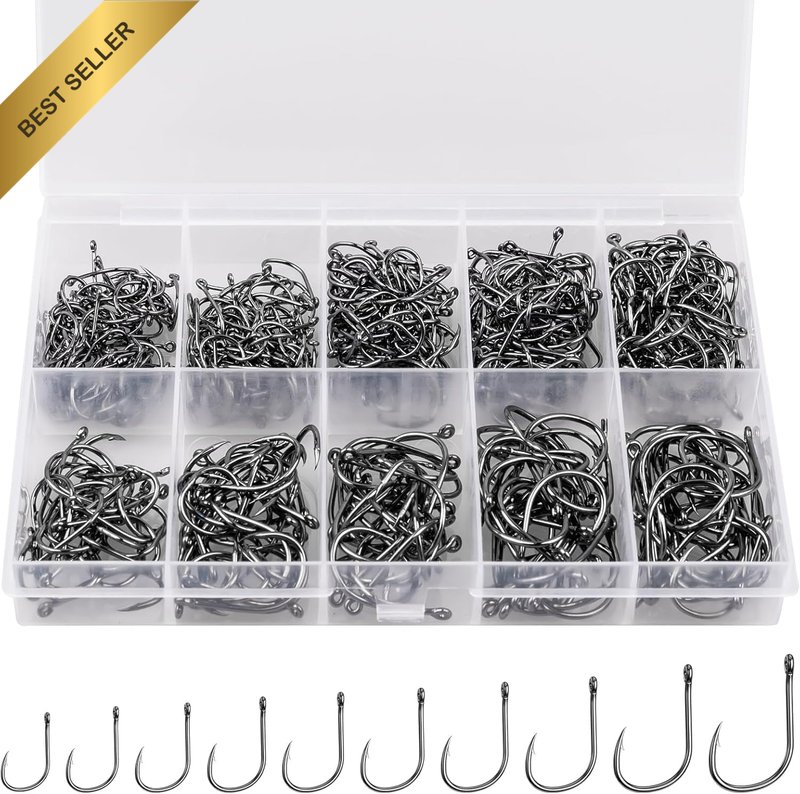 200pcs Carbon Steel Fishing Hooks 10 Sizes Sharp Barbed with Portable Plastic Bo