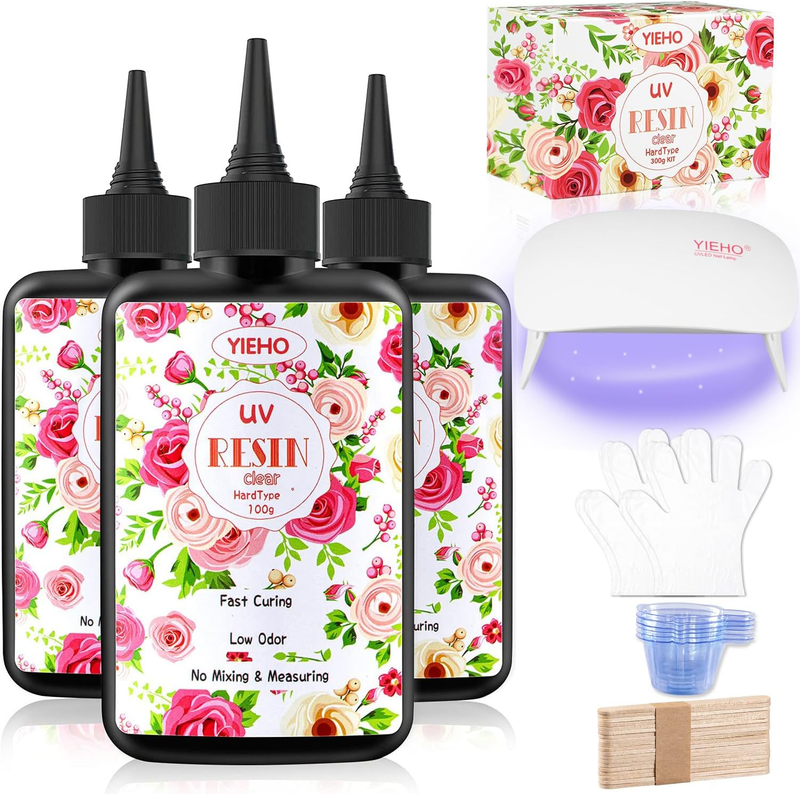 300g UV Resin Kit with Light-Upgraded Crystal Clear Hard UV Curing Premixed Epox