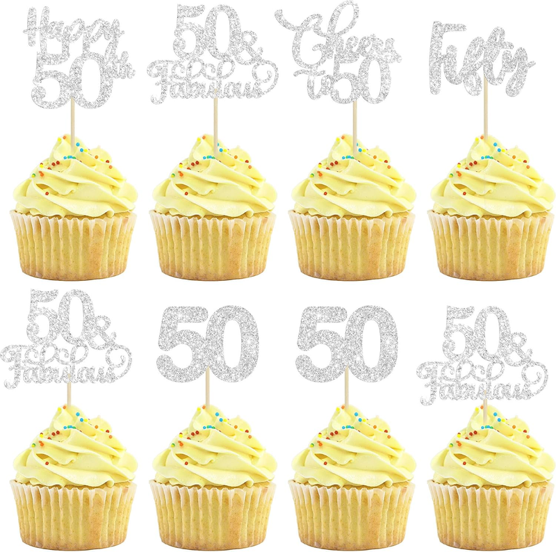 30 Pack Happy 50Th Birthday Cupcake Toppers Silver Glitter Fifty Cheers to 50 Ye
