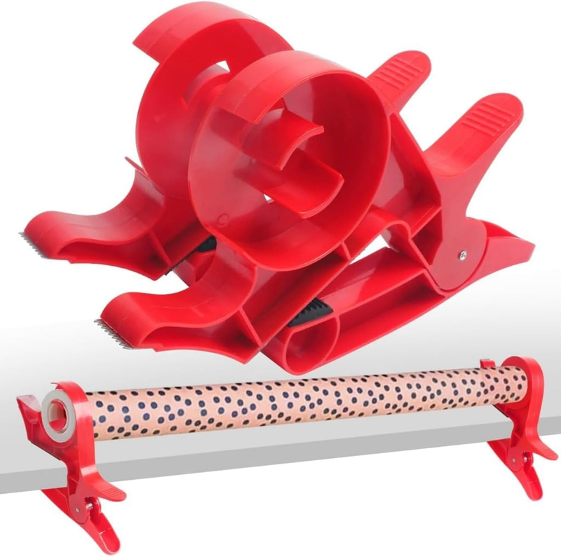 2-Pack Wrapping Paper Cutter with Tape Dispenser & Clamp, Red, ABS Plastic, Manu
