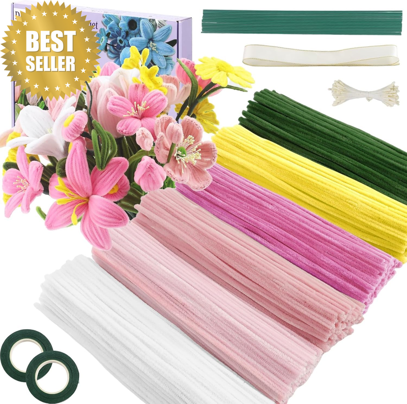 400Pcs Pipe Cleaners Craft,6 Assorted Colors Pipe Cleaners Bulk Flower Kit, Chen