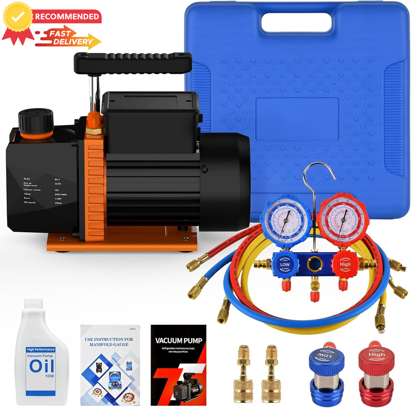 3.6CFM Vacuum Pump 1/4HP HVAC Tool Set + 3-Way R134A R22 Manifold Gauge Kit