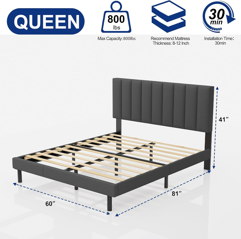 Bed Frames,  Queen Bed Frames with Upholstered Headboard, Without Box Spring Nee