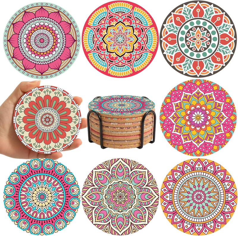 Colorful Cork Coasters for Drinks - Halloween Decorative Coaster Set