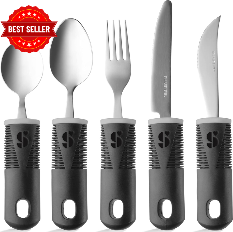 (Black) - Adaptive Utensils (4-Piece Kitchen Set) Wide, Non-Weighted, Non-Slip H