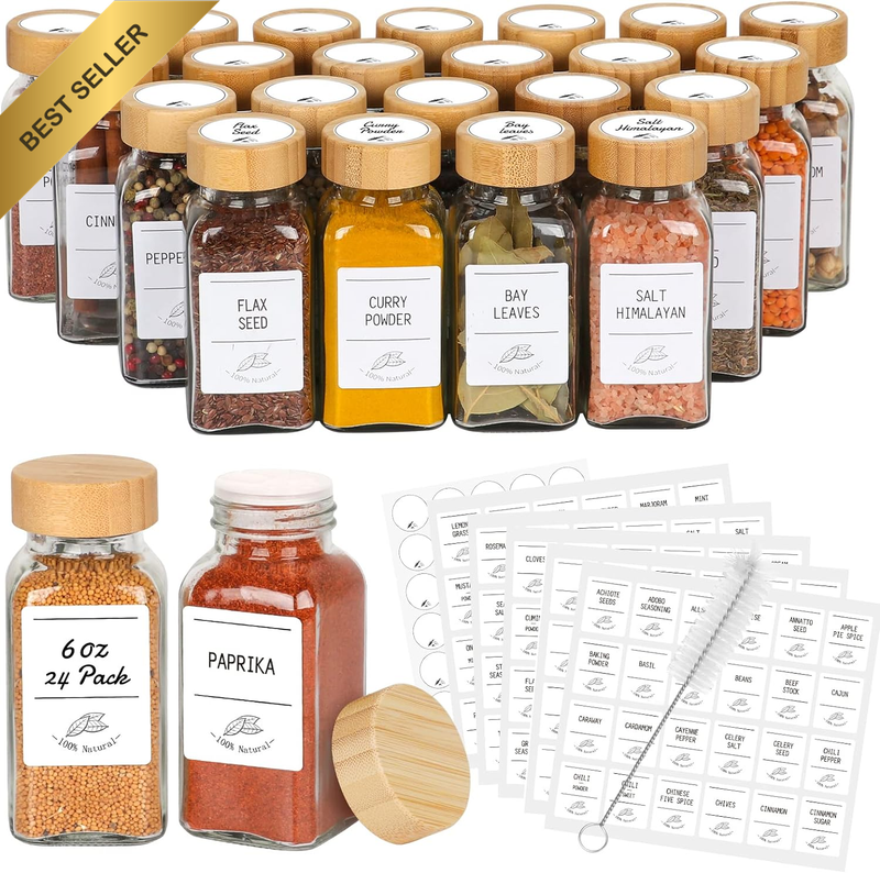 Glass Spice Jars with Bamboo Lids 6Oz 24Pack, Spice Jars with Label Complete Set