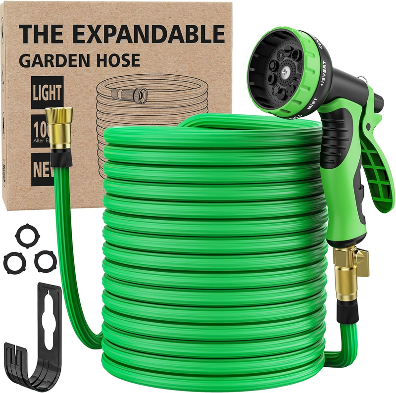 50Ft Expandable Garden Hose with 10-Function Spray Nozzle, Nano Rubber Latex Hig