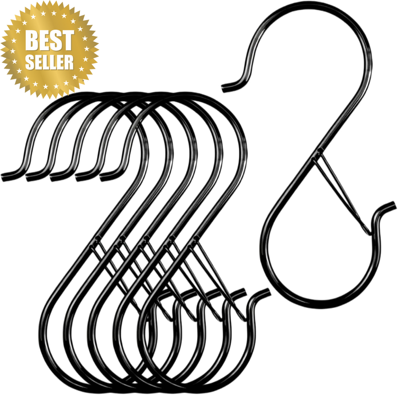 6 PCS Heavy Duty Black S Hooks for Hanging with Safety Buckle,Hanger Hooks for V