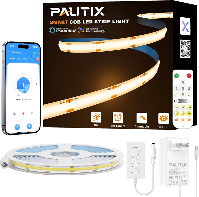 LED Strip Warm White 20Ft for Alexa Google Assistant Dimmable 24V 3000K COB
