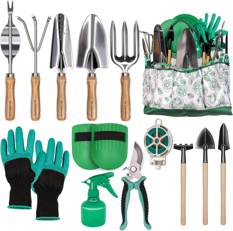 Gardening Hand Tool Kit 14PCS Heavy Duty Stainless Steel Garden Tool Set with Floral Garden Tote -Outdoor Gardening Transplanting Gifts for Woman