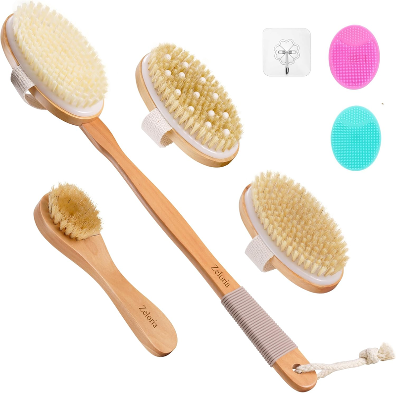 Dry Brushing Set - Natural Boar Bristle Body & Face Brush, Wooden Long Handle Sc