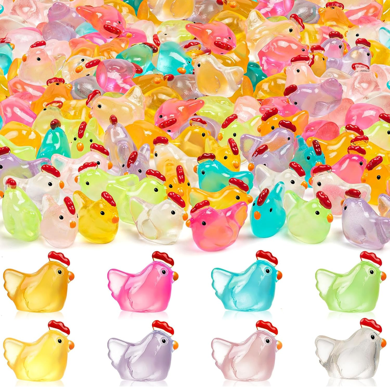 64PCS Luminous Mini Resin Chicken Figurines 8 Colors Tiny Chickens