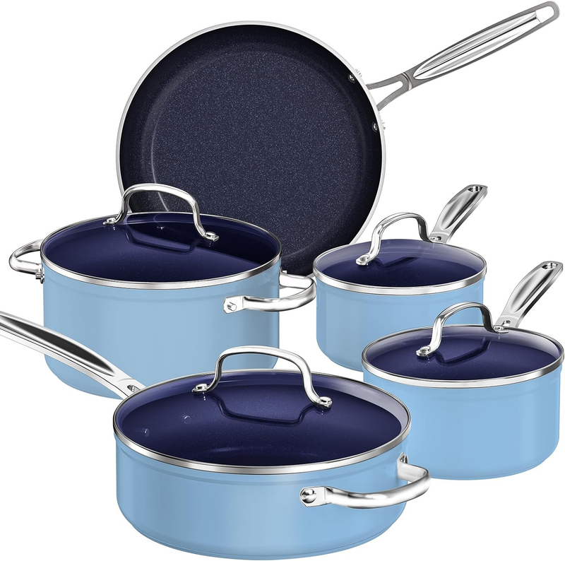 9Pc Cookware Set Healthy Duralon Blue Ceramic Nonstick Coated, Diamond Infused Scratch-Resistant, PFAS Free, Oven Safe, Induction Ready & Evenly Heats, Tempered Glass Lids & Stay-Cool Handle