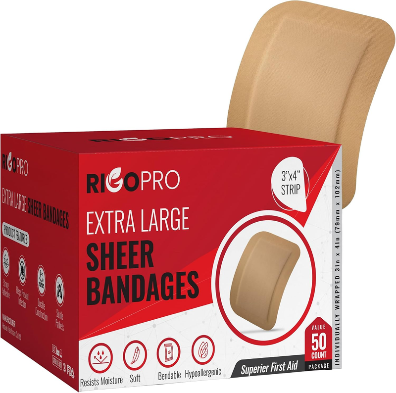 50 Pack 3”X4” Extra Large Band Aids, Latex-Free Adhesive Bandages, Large Bandage
