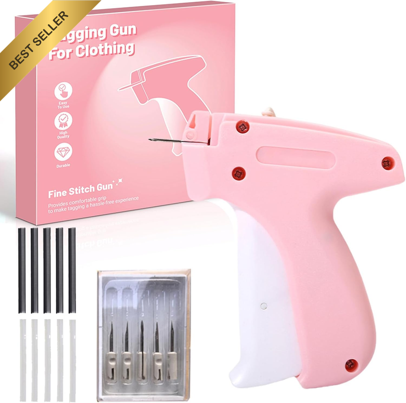 Pink Stitch Gun for Clothes, Handheld Sewing Machine with 5 Needles, 1000 White