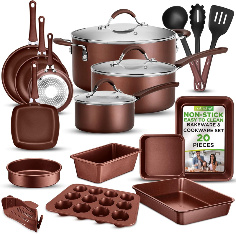 20 Piece Professional Home Kitchen Cookware and Bakeware, Pots and Pans Set Non Stick Kitchenware, Cool-Touch Handles, Safe for Gas, Electric, Induction Cooktops, Easy Clean, Brown