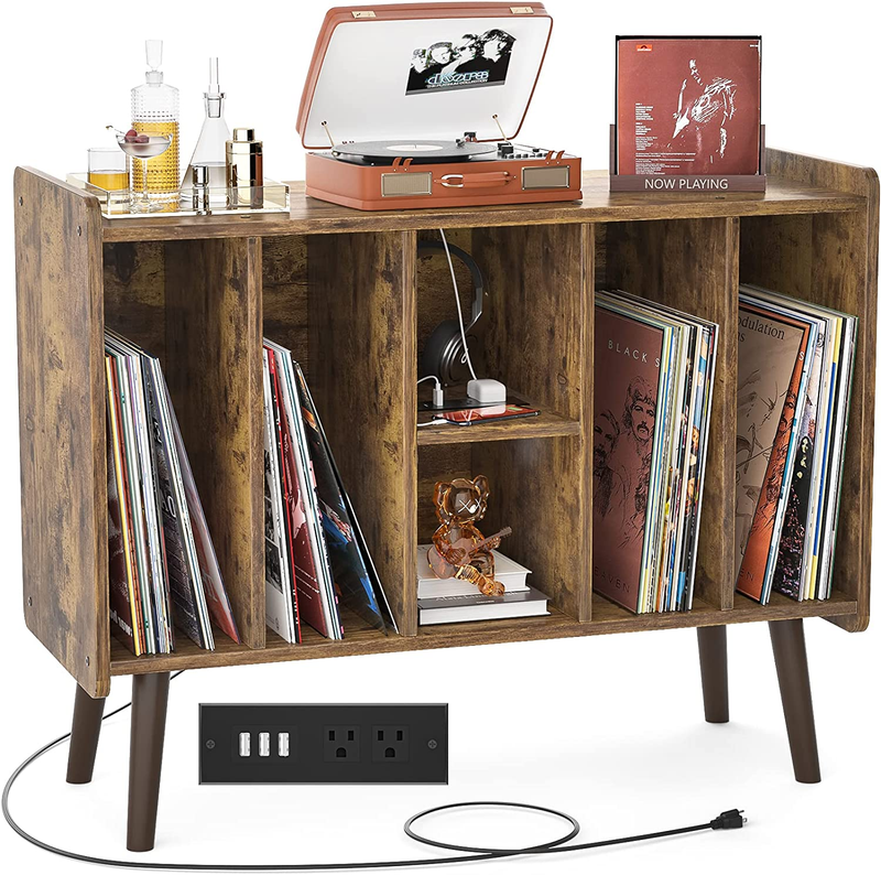 Large Record Player Stand, Vinyl Record Storage Table with Power Outlet Holds up