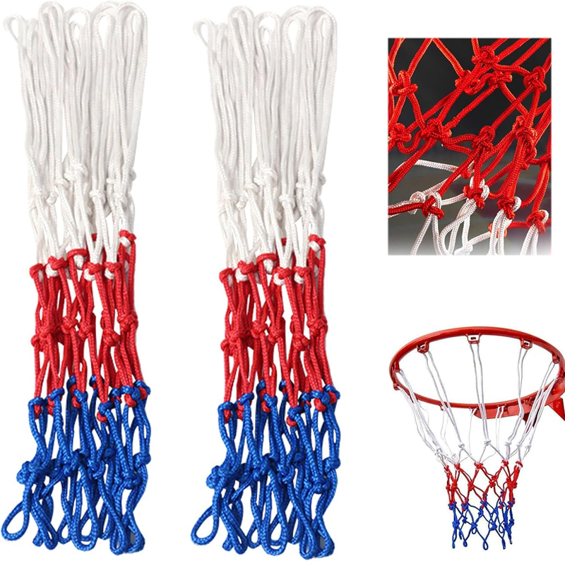2 Pack Heavy Duty Basketball Net - All-Weather White/Red/Blue, 12 Loops Replacem