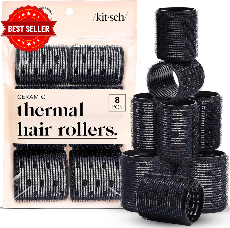 Kitsch Ceramic Hair Rollers for Women - Black, 8 Count (Pack of 1) | Self-Grip H