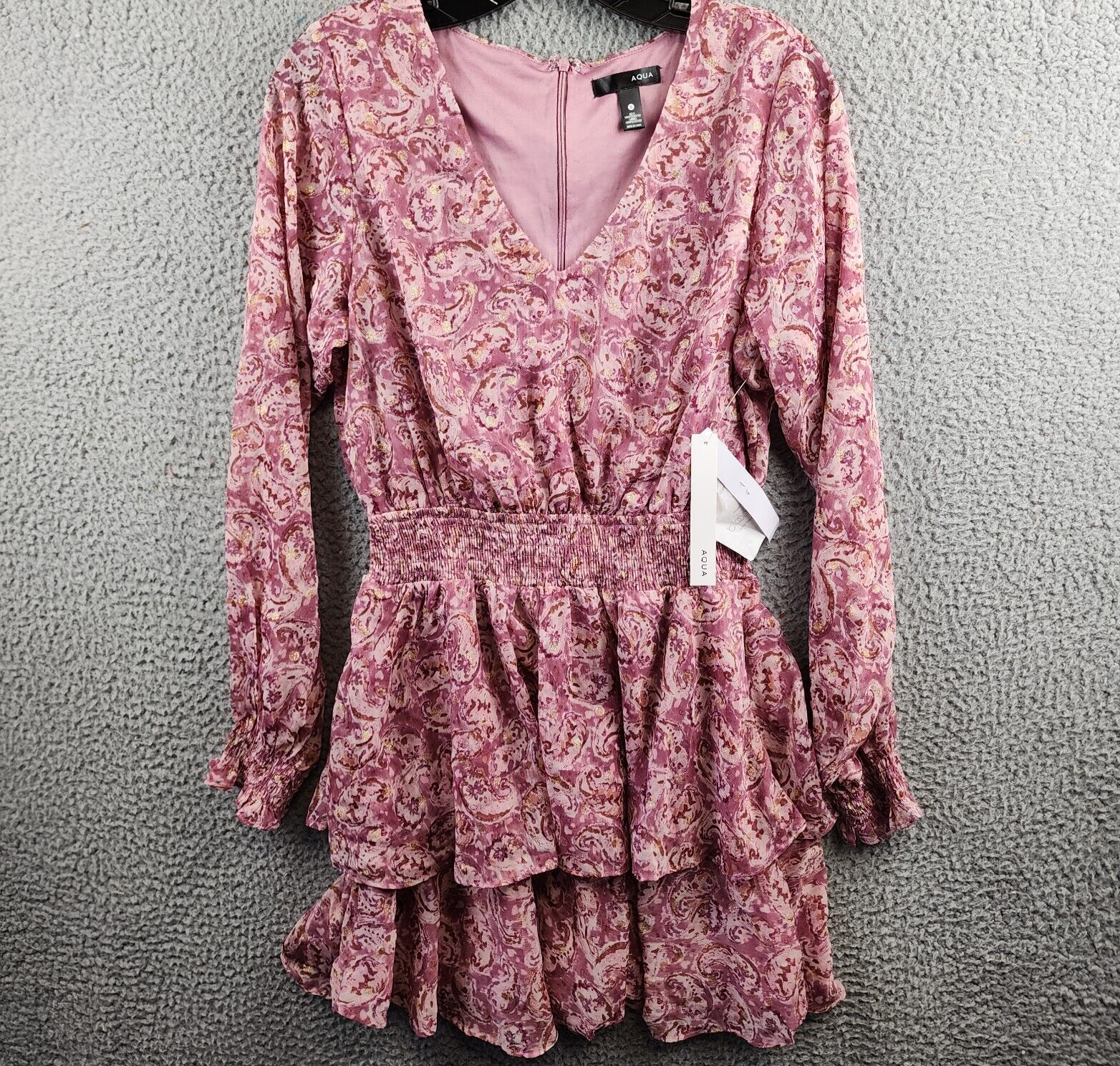 AQUA Metallic Dot Paisley Mini Dress Women's S Pink Multi Vneck Back Zip Closure - Picture 2 of 13