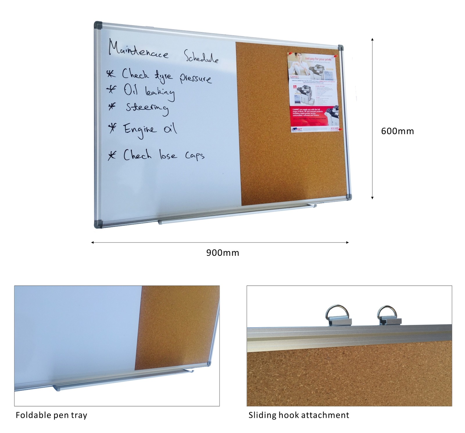 Whiteboard & Corkboard 900x600 mm Wall Mounted Combination
