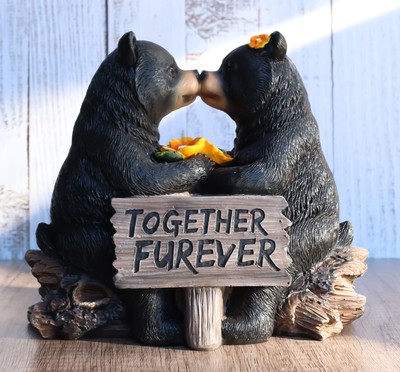 Whimsical Wedding Vows Black Bear Couple Kissing By Tree Log Statue 7'' Tall