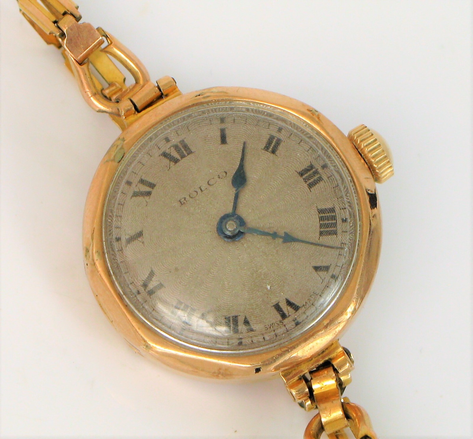 ANTIQUE LADIES ROLCO 9K YELLOW GOLD ART DECO GUILLOCHE DIAL