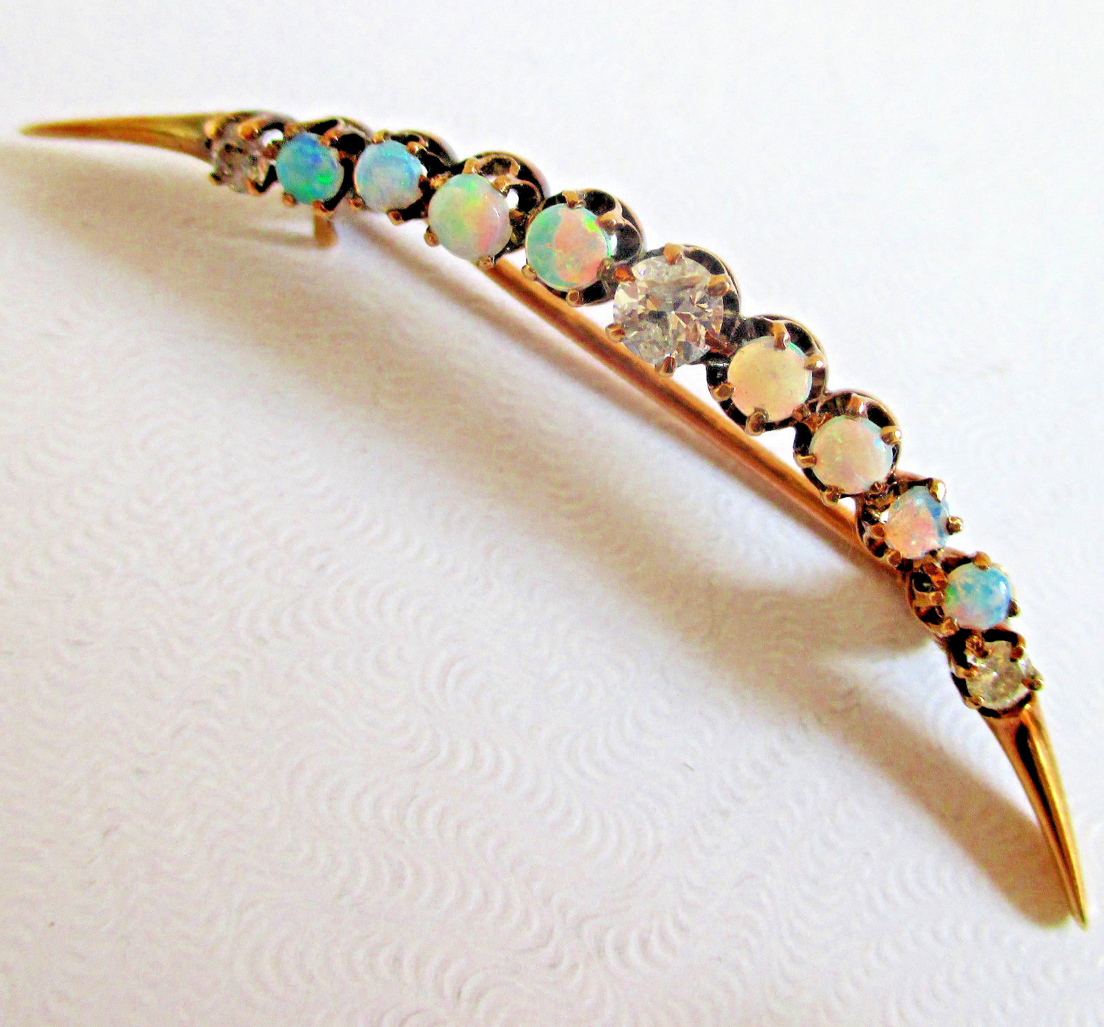 14K 15K Rose Gold .40TCW European Cut Diamond Natural Opal Crescent Moon Brooch