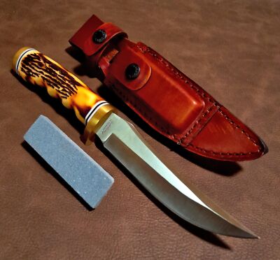 9 1/2'' Schrade Uncle Henry Golden Spike Knife w/Sheath, Stone & Staglon Handle