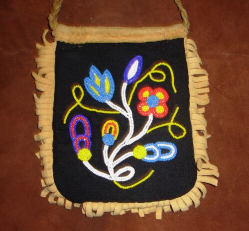 Vintage Chippewa Ojibwa Hand Beaded Pouch Purse-Native Floral Design-1950s