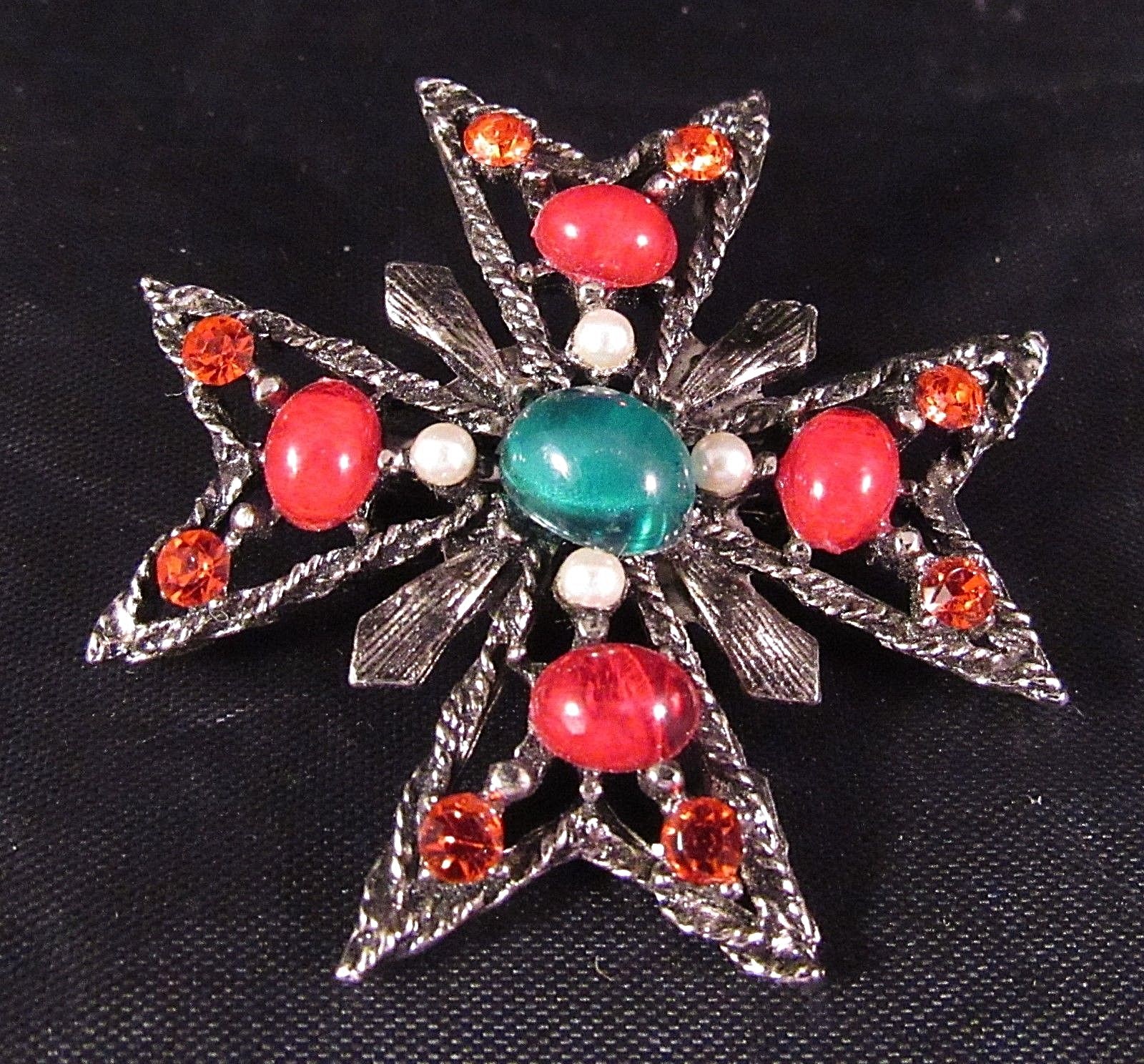 Vintage Brooch Red Rhinestones Green Red Acrylic Faux Pearls Silver Tone