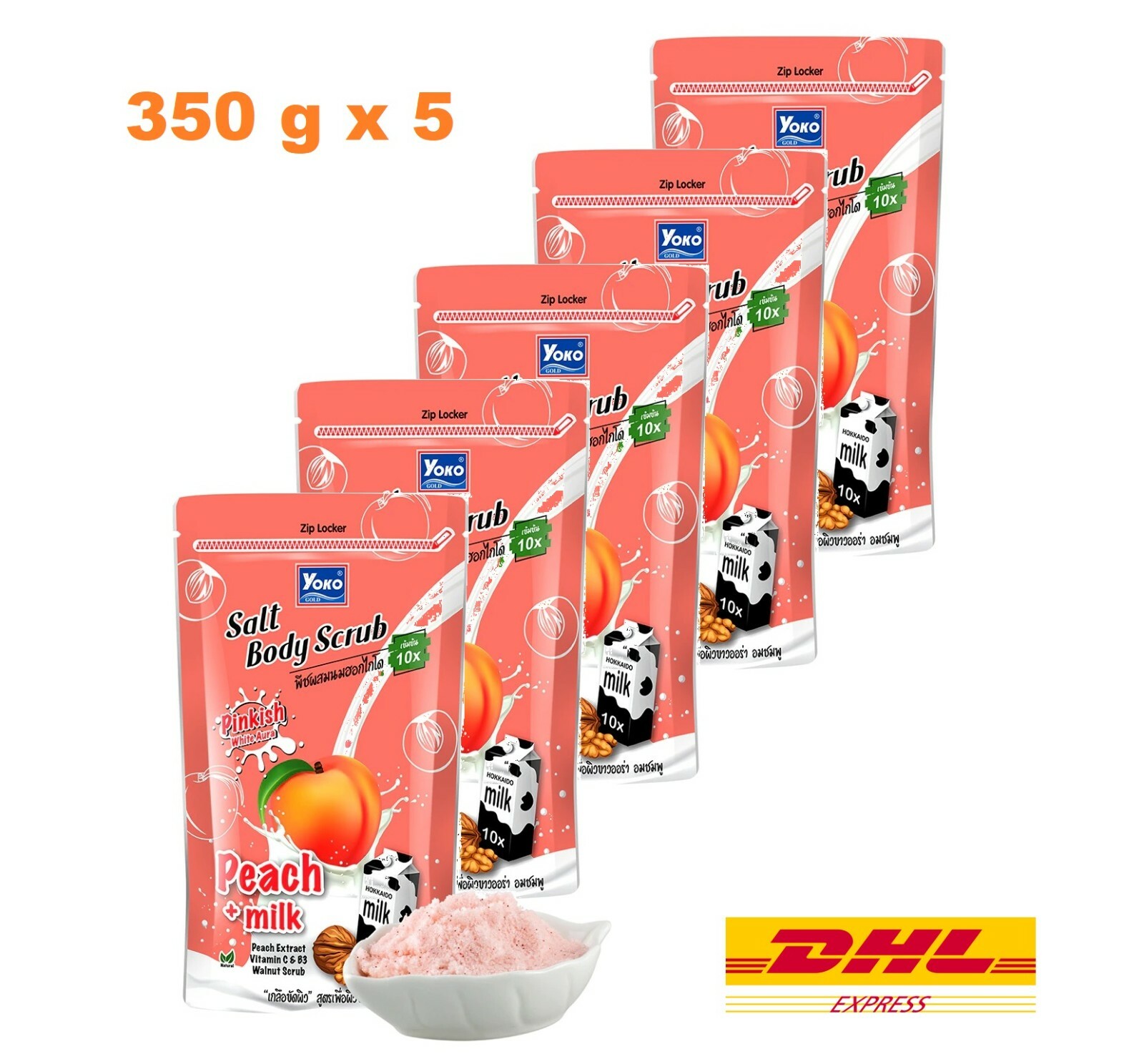 5 x Peach + Milk Salt Body Scrub Yoko Gold 10x Pinkish White